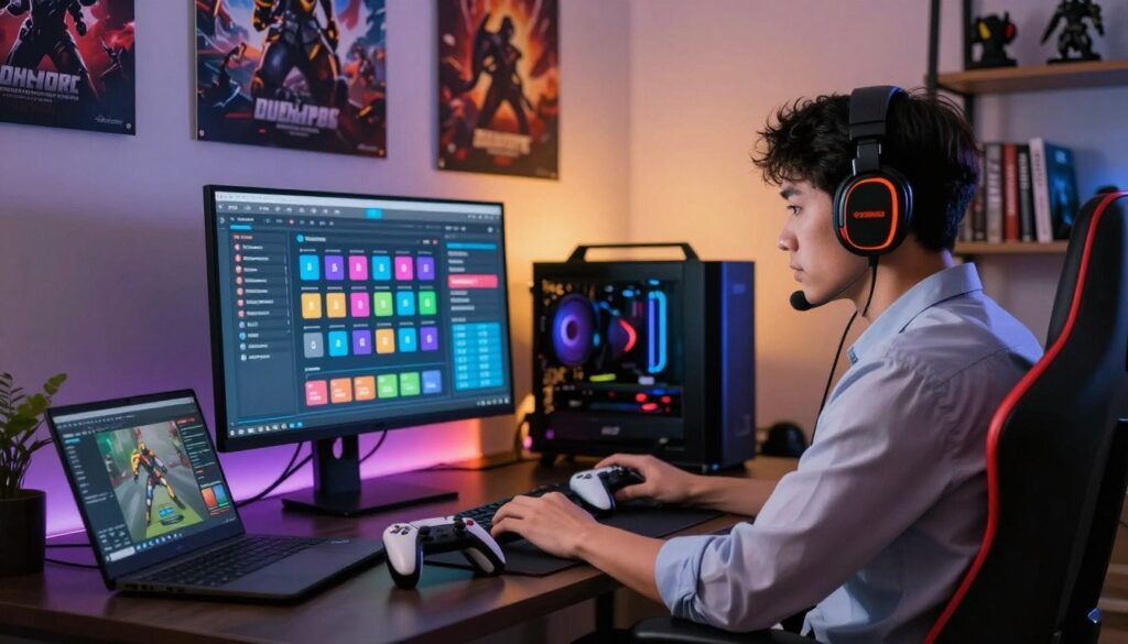 A focused gamer sitting at a sleek desk surrounded by gaming paraphernalia, tracking game goals on a high-resolution monitor displaying a colorful rewards dashboard. The foreground features a laptop and a vibrant gaming headset, while a gaming controller rests nearby. In the middle ground, a wall adorned with game posters sets an energetic mood, while soft, ambient lighting from a desk lamp casts a warm glow across the scene. The background includes shelves of gaming collectibles and books, creating a sense of immersion in the gaming world. A professional attire, like a smart casual shirt, reflects a dedication to both gaming and productivity. The overall atmosphere is motivational, showcasing the blend of gaming passion and goal achievement.