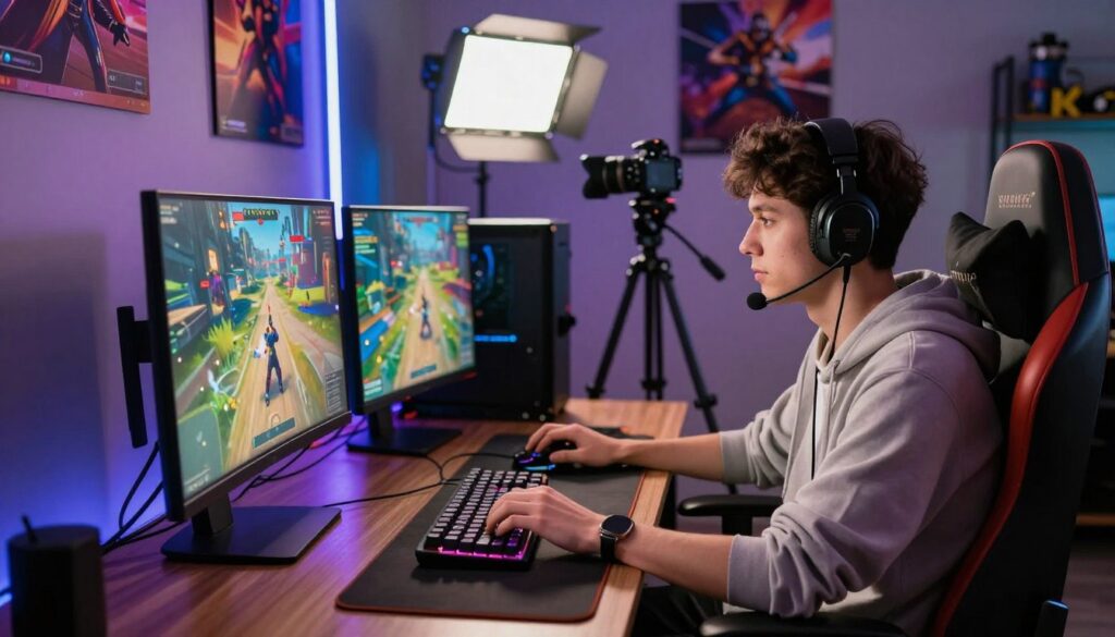 A focused scene of a gamer recording a gaming clip for a short video. In the foreground, a young adult seated at a modern gaming desk, wearing comfortable casual clothing and a headset, intently playing on a high-quality gaming rig. The brightly lit monitor captures the vibrant colors of an action-packed game. In the middle ground, a sleek camera on a tripod points towards the gamer, with studio lighting illuminating the setup, creating dynamic shadows. The background features vibrant LED lights and gaming posters, enhancing the gaming atmosphere. The overall mood is energetic and professional, embodying the excitement of content creation. The composition captures a moment of creativity and focus, showcasing the intersection of gaming and videography in a cozy yet dynamic environment.